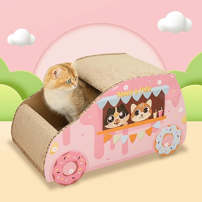 Happy & Polly Cat House Pink Car Cat Scratcher for Small and Medium Cats Sturdy Cardboard Cat Condo, Bed, Toys, Cat for Indoor 21.9" ×12.5" × 11.8"