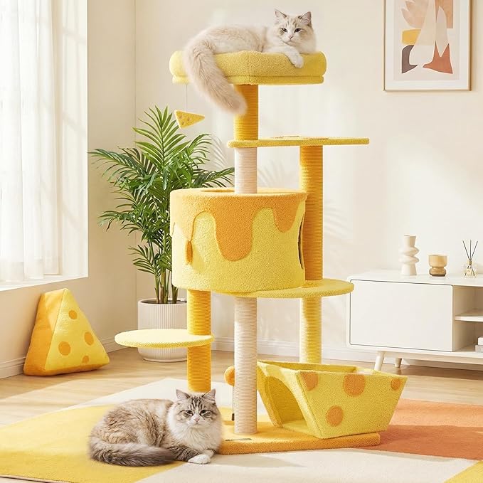 Happy & Polly Cat Tree, Cats, 53.2x22.4x18.1 Inches, All Breed Sizes, Climbing, Indoor, Wood and Sisal, Floor Mount, Modern