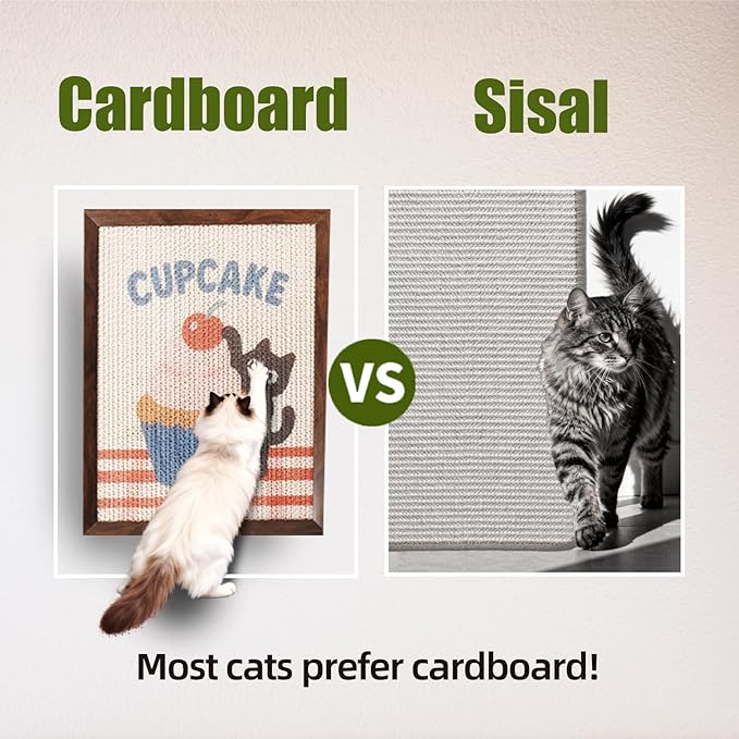 Decorative Wall Art Cat Scratcher, BC Grade Cardboard Framed 13"x17" Dust-Free Vertical Scratching Post, No-Drill Wall Mount (Renter-Friendly), Durable Cat Toy & Home Decor (Cherry) (Cupcake)