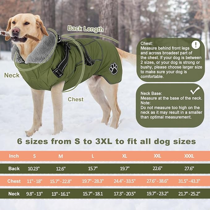 Doglay Dog Coat with Harness, Reflective Warm Dog Jacket Waterproof Puppy Winter Coat for Cold Weather, Adjustable Fleece Jacket for Small Medium Large Dogs