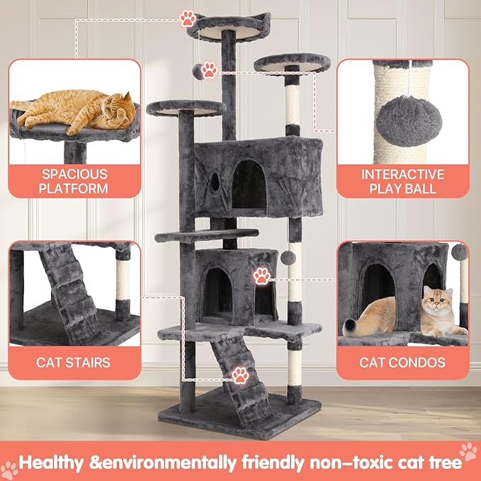 Cat Tree with Scratching Post,Cat Tower House for Indoor Large Adult Cats Kittens,21x21x70in Multi-Level Activity Cat Cando Furniture,Ashy