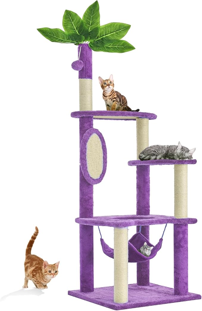 60" Cat Tree for Indoor Cats with Green Leaves, Multi-Level Large Cat Tower with Hammock, Plush House w/Hang Ball Toy and Scratching Posts (Purple)