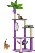 60" Cat Tree for Indoor Cats with Green Leaves, Multi-Level Large Cat Tower with Hammock, Plush House w/Hang Ball Toy and Scratching Posts (Purple)