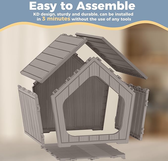 Indoor Dog House for Puppy, Durable Small Dog House Outdoor, Waterproof and Scratch Resistant Animal Shelter with Air Vents and Elevated Floor, Easy Installation and Clean (Deep Grey)