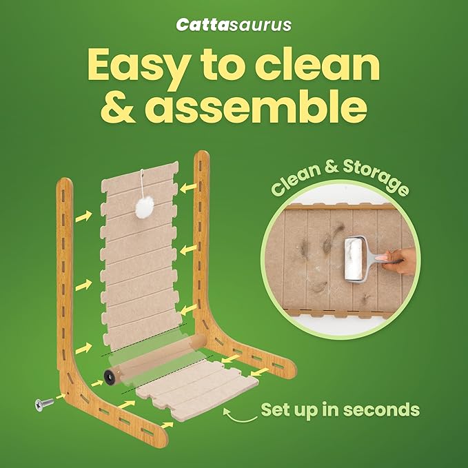 Cattasaurus Claw-Resistant L-Shaped Cat Scratcher, Premium 9mm Felt Wall Mount, 24" Height with Dangling Ball Toy, Vertical Scratching Post, Easy Assembly (Beige)