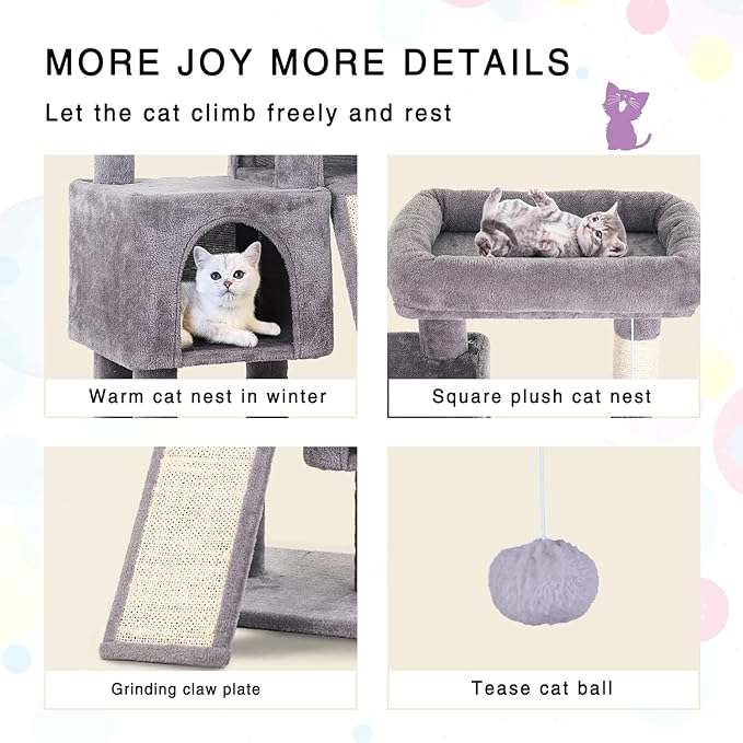 36 inches Cat Tower,Cat Tree for Indoor Cats with Scratching Posts Multi-Level Cat House with Ramp,Double Condos,Spacious Perch,Scratching Sisal Post and Dangling Balls for Kittens,Ashy