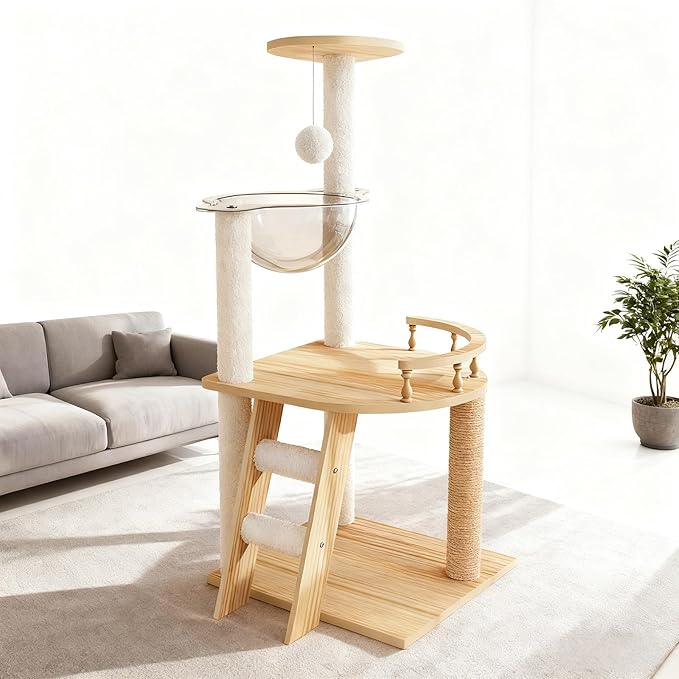 41.3" Modern Cat Tower, Wood Cat Tree Tower for Indoor Cats, Cat Treewith Sisal-Covered Scratching Posts and Top Perch, Cat Condo with Acrylic Hammock for Small Large Cats