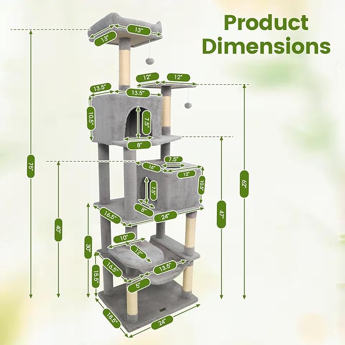PETSITE Multi-Level Cat Tree, 75 Inches Tall with Sisal Scratching Posts, 2 Condos, Hammock, Dangling Balls, and Cozy Top Perch, Ideal for Indoor Cats to Play and Rest (Grey)