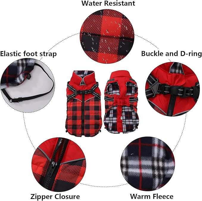 Dog Coat with Harness,Small Dog Winter Coat,Doggie Jackets with Built in Harness,Adjustable Warm Jacket for Medium Large Dogs,Pet Puppy Cold Weather Coats for Dogs Waterproof (PlaidRed, Large)