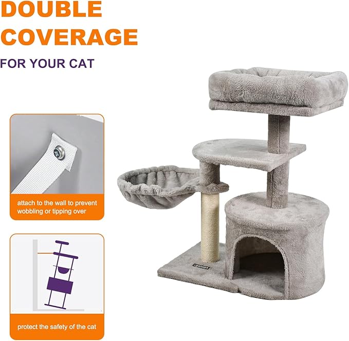 27-in Heavy-Duty Cat Tree for Large Cats, Multi-Level Tower with Sisal Scratching Posts, Plush Perch, Hammock & Condo Anti-Tip Design