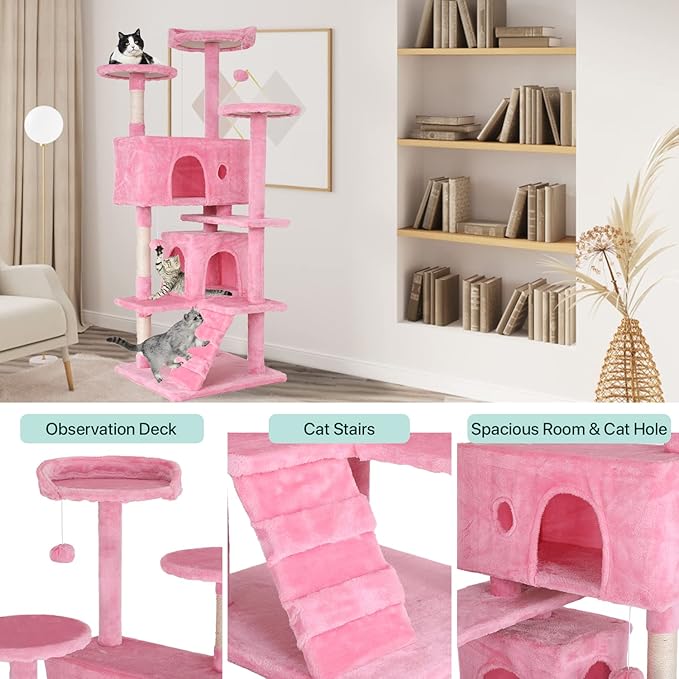 Dkeli Cat Tree for Indoor Cats Condo Tower with Scratching Post Tease Ball Perches Platform Small and Medium 54 Inch Multi-Level, Pink