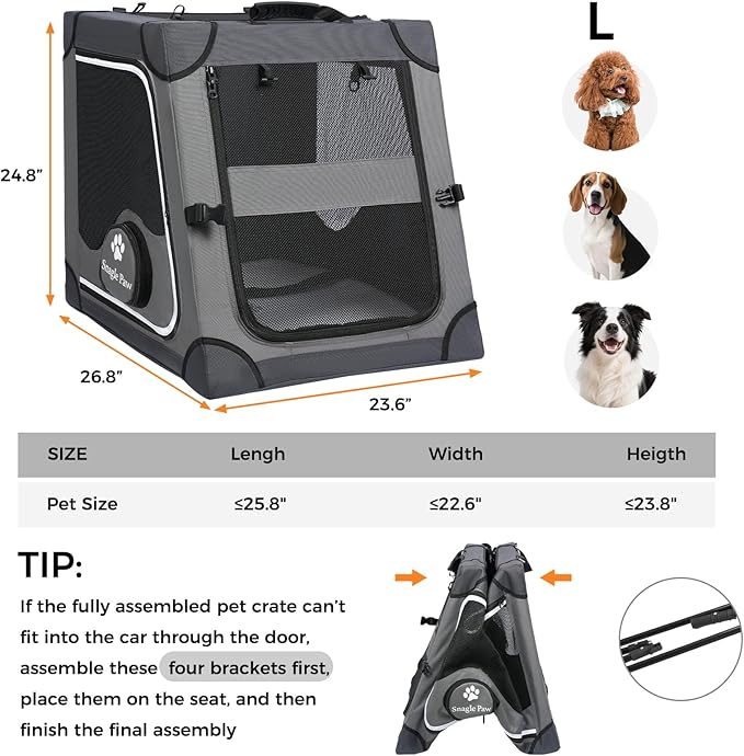 Snagle Paw Portable Dog Crate for Car Travel,Metal Frame Pet Crate,Pet Carrier for Car Back Seat Secures with Headrest Strap and Seatbelt,L,Gray