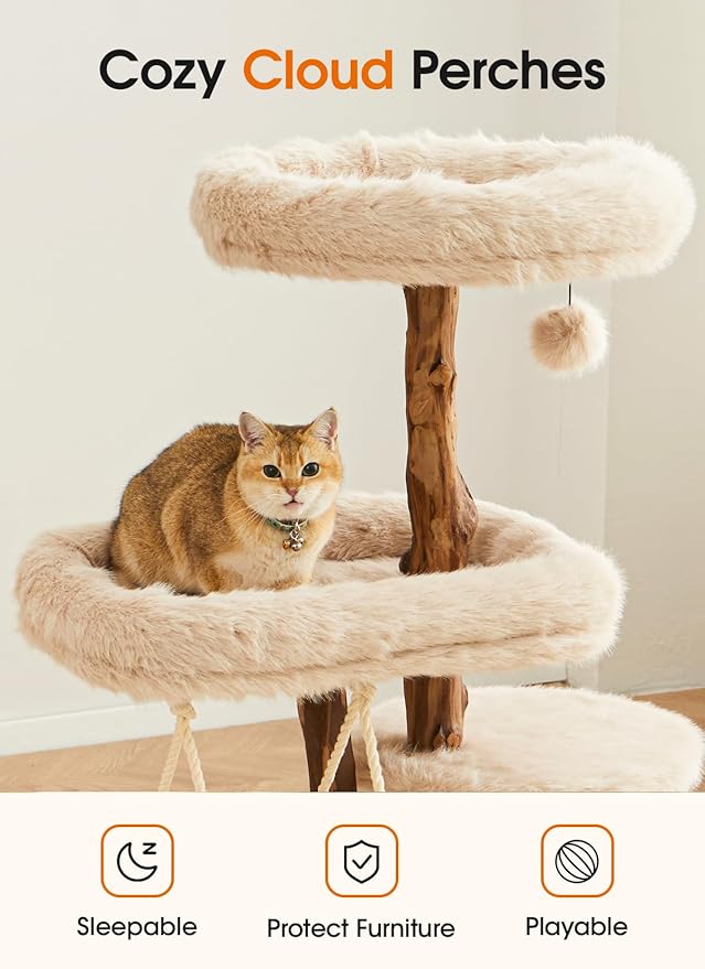 59" Modern Cat Tree Tower for Large Indoor Cats, Perches-Natural Solid Wood Cat Tower with Sisal Scratching Post, Perches, Hammock & PlayBalls, Aesthetic Boho Cat Furniture
