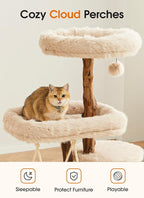 59" Modern Cat Tree Tower for Large Indoor Cats, Perches-Natural Solid Wood Cat Tower with Sisal Scratching Post, Perches, Hammock & PlayBalls, Aesthetic Boho Cat Furniture