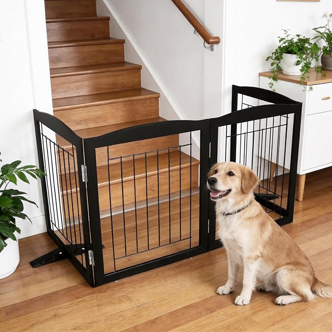ZJSF Freestanding Dog Fence Indoor, Foldable Dog Gate for Doorways, Stairs or Hallways, Sturdy Wood Extra Wide Pet Gate with Support Feet for The House, Black, 24 "Height-2 Panels