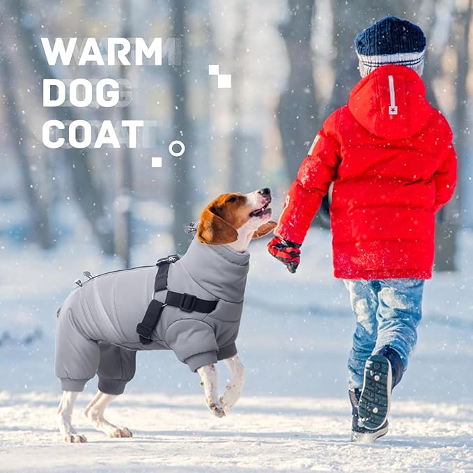 BRKURLEG Grey Dog Winter Coat, Cozy Winter Dog Jackets, Small Dogs Coat with Harness, Onesie Body Warm Puppy Jacket, Pet Reflective Windproof Cold Weather Jackets, Puppy Four-Legged Puffer Coats, XL