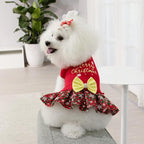 CuteBone Christmas Dog Sweater Dress Turtleneck Puppy Sweater with Bowtie Harness Hole Pullover Winter Dress for Small Dogs
