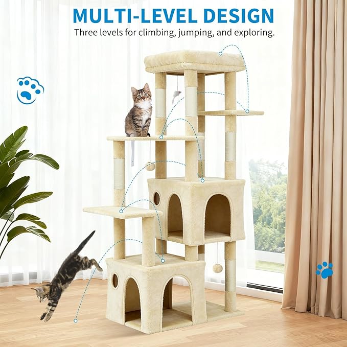 Cat Tree 61" Tall, Sisal Wrapped Scratching Post, Cat Nest, Hanging Ball, Extended Platform