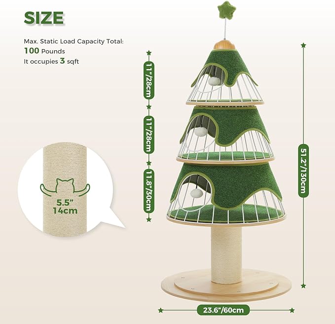 Modern Cat Tree-51.2" Cat Christmas Tree w/Thick Scratch Post(φ5.4in), Wood Cat Tower w/ 3 Condos-Heavy Duty Furniture w/Metal Frame & Replaceable Mat for Indoor Kitty, Green