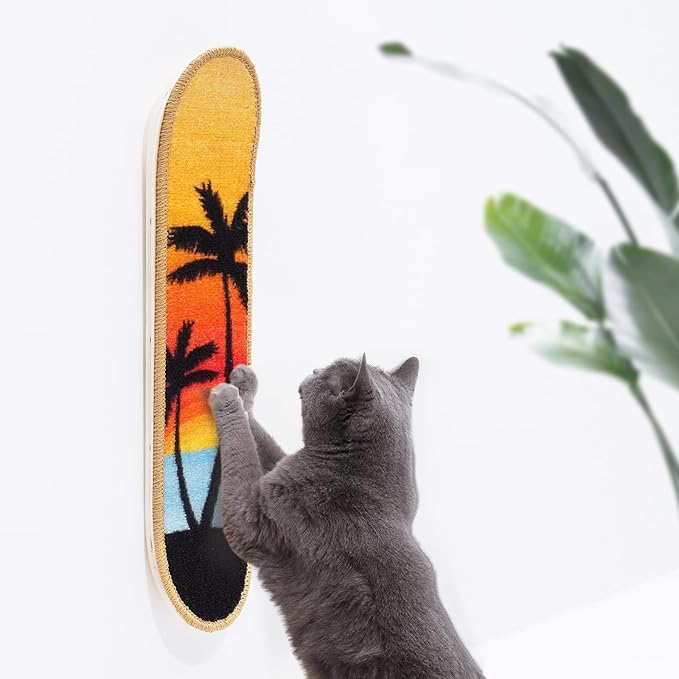 Wall Mounted Cat Scratching Board - Skateboard Style, Replaceable Scratch Mat, for Indoor Cats (24x6 Inches, Sunset Coast)