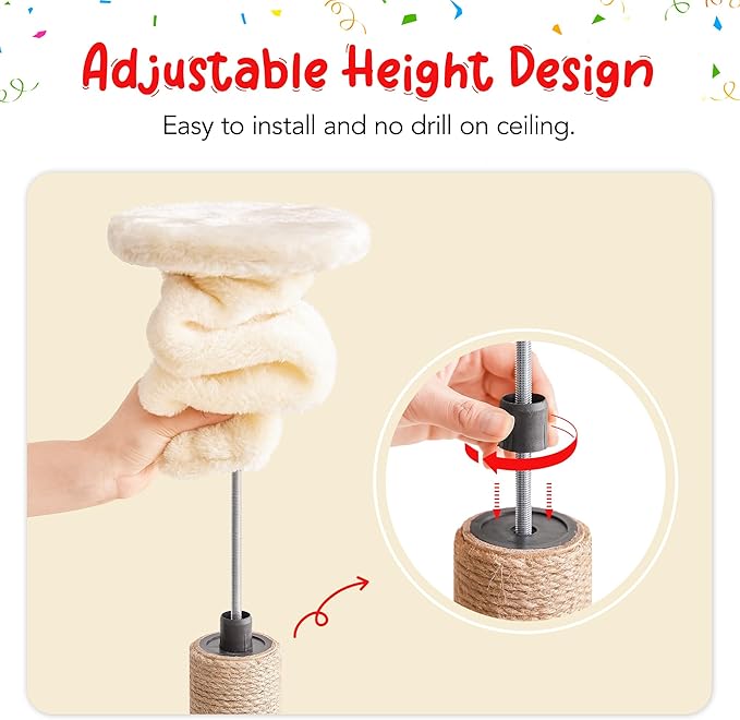Cat Tree, Floor to Ceiling Cat Tower Adjustable Height [92.9-102.4 in=235-258cm], 7 Tiers Cat Climbing Play House with Fully Sisal Scratching Post, Cozy Condo & Hammocks for Indoor Cats, Beige