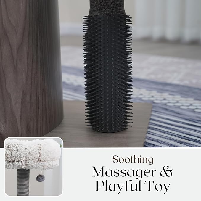 PetPals Modern Design Cat Tower, Wooden Cat Tree with Recycled Paper Rope Scratching Posts, Sisal Mat, Soothing Self Grooming Massager, Removeable Bed (Taupe)
