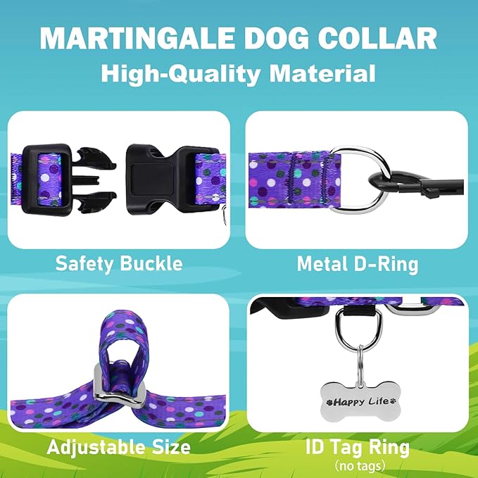 Reflective Martingale Collar for Dogs with Quick Release Buckle Cute No Pull Training Dog Collars (Purple Polka Dot, XSmall)