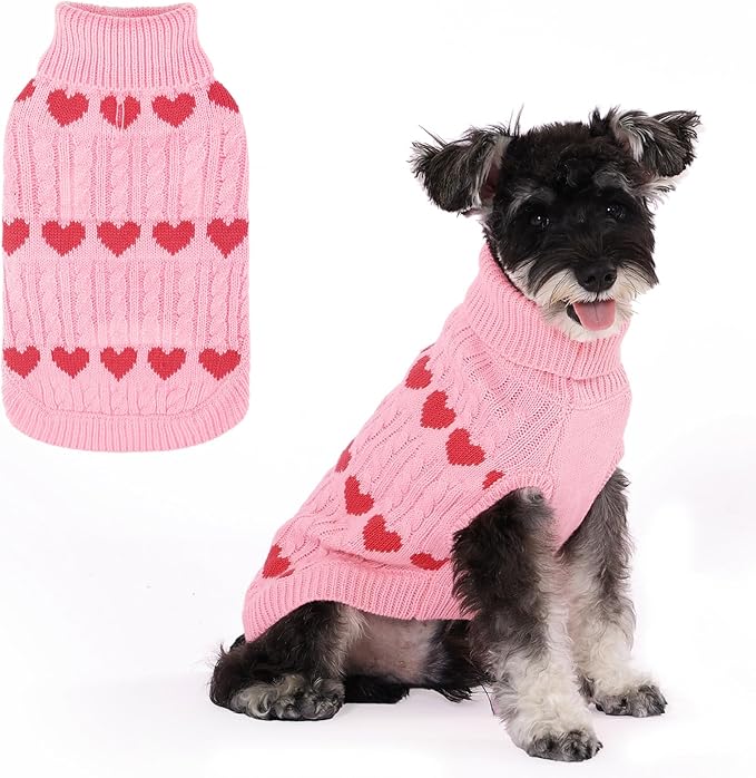 KOOLTAIL Valentine's Day Dog Sweater Turtleneck, Cold Weather Pullover Classic Knitwear, Heart Pattern Thick Warm Winter Pet Clothes, Cable Knit Sweater for Small Medium Large Dogs Girl Boy, Pink ML