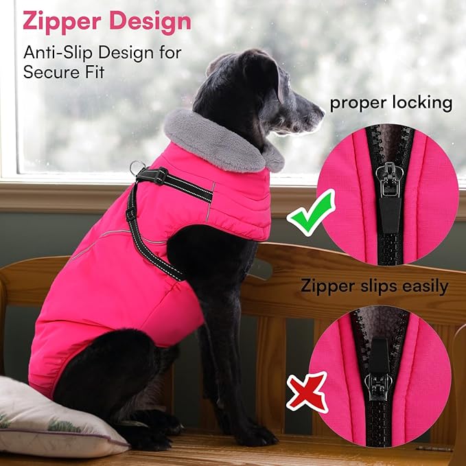 Queenmore Dog Coat,Windproof Dog Coat for Medium Dogs,Dogs Jackets with Harness Built in,Waterproof Doggy Coats with Zipper On Back,Reflective Cold Weather Coats for Dachshund,Boston Terrier,RoseRed,M