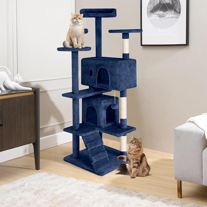 Cat Tree 53 inches Cat Tower for Indoor Cats Cat House with Replaceable and Removable Dangling Ball Cat Trees and Towers with Funny Toys, Navy Blue