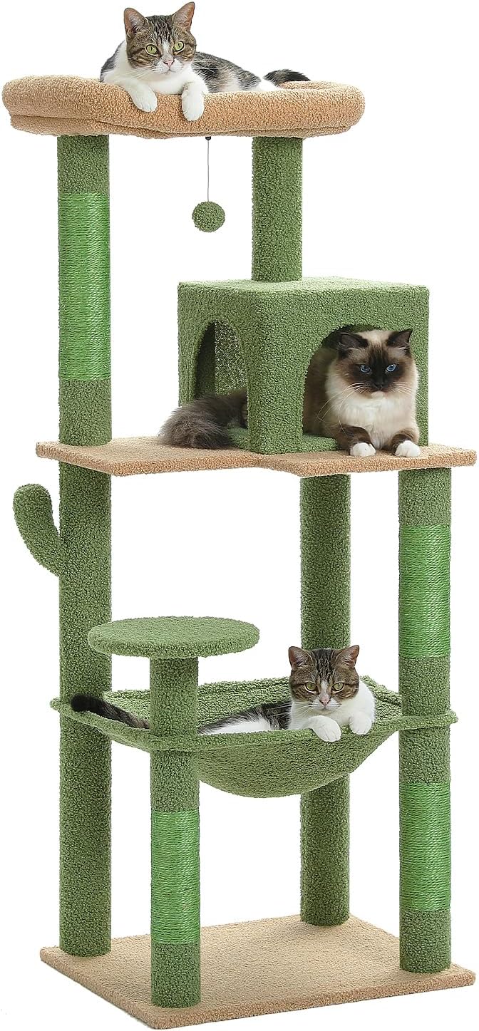 PEQULTI Cat Tree for Large Cats with Metal Frame Big Hammock, Cat Tower for Indoor Cats with 2 Door Condo House, [56.3"=143cm] Multi-Level Cat Shelves with Scratching Posts and Top Perch, Cactus Green