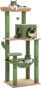 PEQULTI Cat Tree for Large Cats with Metal Frame Big Hammock, Cat Tower for Indoor Cats with 2 Door Condo House, [56.3"=143cm] Multi-Level Cat Shelves with Scratching Posts and Top Perch, Cactus Green