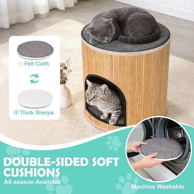Cat Beds Indoor House, Handwoven Bamboo Cat Cave Pet Cube, Large Cat Houses, 2 Bed Mat, Foldable,Hideaway, 15.9x13.9 Inches, Living Room Bedroom Terrace Home Decoration Natural