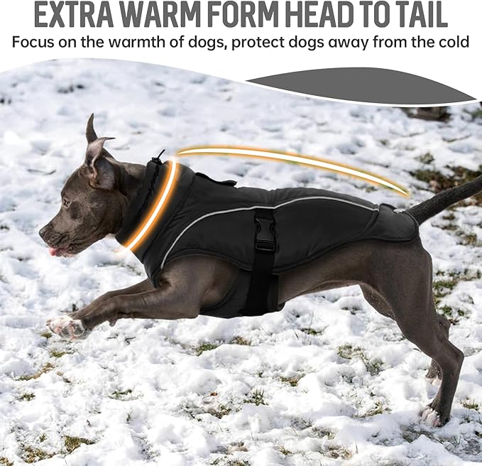 DENTRUN Winter Warm Dog Coat Reflective Jacket with Turtleneck for Cold Weather, Adjustable Buckle Windproof Water Repellent, Thick Snowsuit Fleece Vest for Small, Medium, Large Dogs, Black, XXL