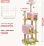 Flower Cat Tree, 62-Inch Tall Multi-Level Cat Tower with Scratching Posts, Cat Condos for Large Indoor Cats, Plush Cat Bed w/Padded Perches, Scratching Pad & 2 Green Pompoms, Pink