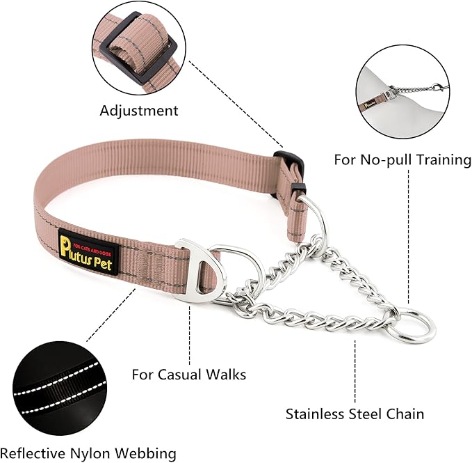 Plutus Pet Martingale Dog Collar with Stainless Steel Chain and Reflective Nylon, Adjustable No Pull Training Collar, for Small Medium, and Large Dogs, Beige, L
