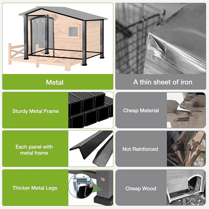 Dog House Outdoor with Porch Weatherproof Dog Kennel with Anti-Chewing Iron Frame Dog Shelter for Small Medium Dogs(Brown)
