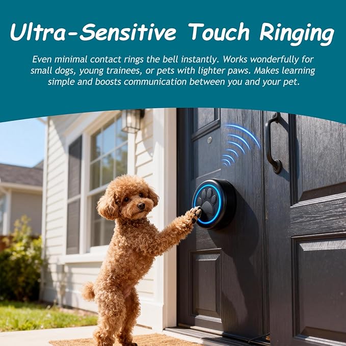 Halo Paw Smart Dog Door Bell – Touch-to-Ring BK Dog Bells to Go Outside, LED Light Wireless Dog Buttons & Dog Clicker for Communication, Waterproof Bell for Dogs to Ring to Go Potty(1 Bell & 1 Chime)