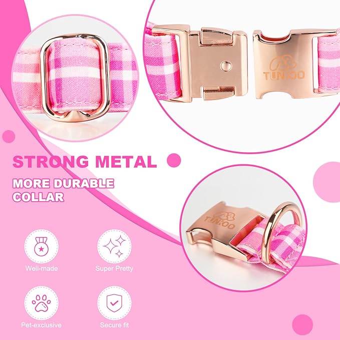 Tunkoo Dog Collar Super Cute Pink Plaid with Bow Tie - Durable Adjustable and Stylish Cotton Pet Collar for Girls Small Medium Large, S