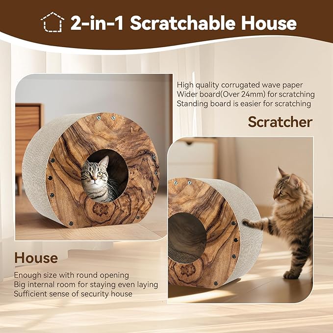 Cat Scratcher House, Cozy Cardboard Design, Safe and Secure for Kittens, Eco-Friendly, Wood Grain (Circle)