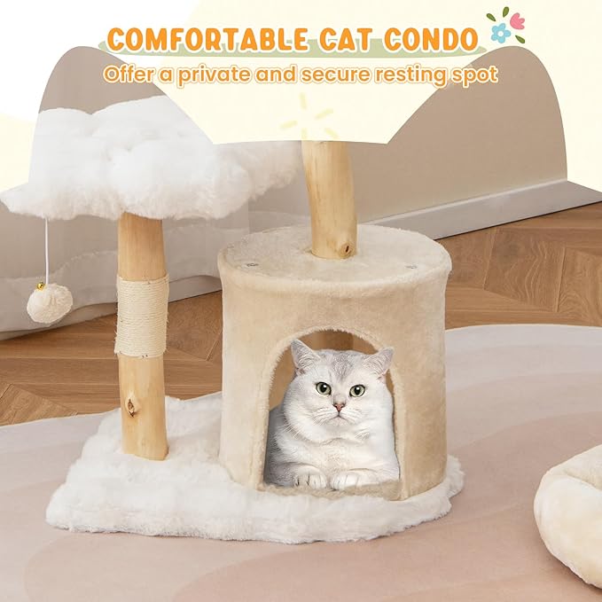 PETSITE 32 Inch Wood Cat Tree, Multi-Level Small Cute Cat Tree with Sisal Scratching Posts, Cat Condo, Soft Long Plush Covered Perches, and Dangling Balls