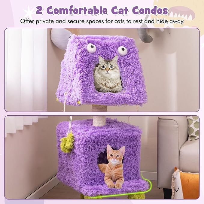 PETSITE 44 inch Monster-Themed Cute Cat Tree, Modern Cat Tree Tower with 2 Cat Condos, Sisal Scratching Post and Hanging Sound-Making Toys for Indoor Cats