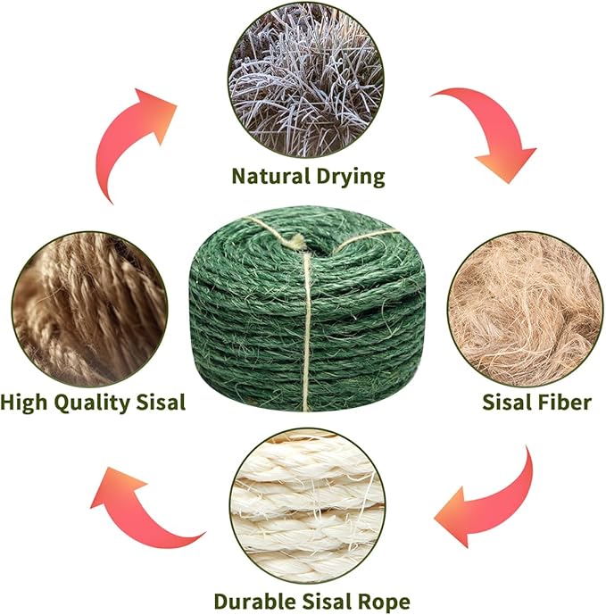 Green Sisal Rope 1/4 Inch by 49-Feet for Cat Scratching Post Tree Tower Replacement Repair and Replace, DIY Hemp Twine Rope for Kittens Shelves Furniture Window Bed Perch House Climbing, 6mm by 15m