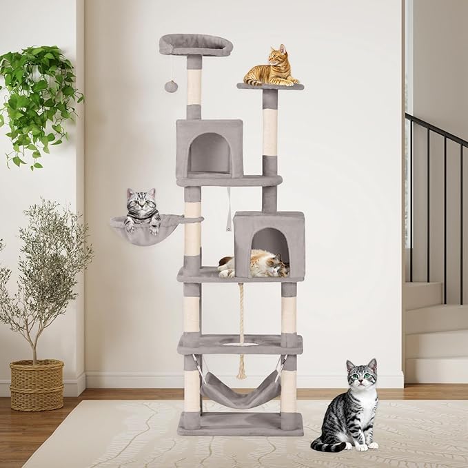 68-Inch Cat Tree Tower for Large Cats, Climbing Tower for Indoor Adult Cats,Activity Center,5 Scratching Posts, 2 Perches, 2 Caves, Hammock (Light Gray)