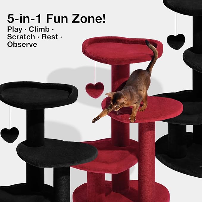 VETRESKA Cat Tree for Indoor Cats, Multi Level Cat Tower with Cat Scratching Post, Cute Cat Climbing Tree with Dangling Toy for Cats（Red）