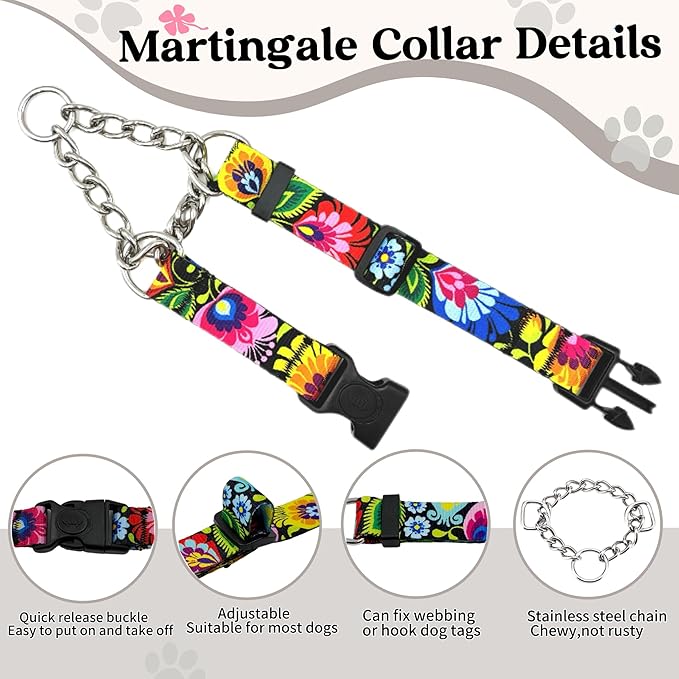 Martingale Dog Collar with Chain Stainless Steel, Nylon Dog Collar Flowers Pattern, Adjustable Training Walking Collar with Quick Release Buckle, Slip Chain Collar for Puppy Medium Large Dogs