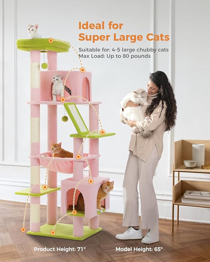 Pink 71" Tall Cat Tree for Large Cat 20 lbs with Super Large Hammock, Heavy Duty Cat Tower with 4 Sisal Scratching Posts & 2 Spacious Condos for Big Adult Cats Maine Coon -Green