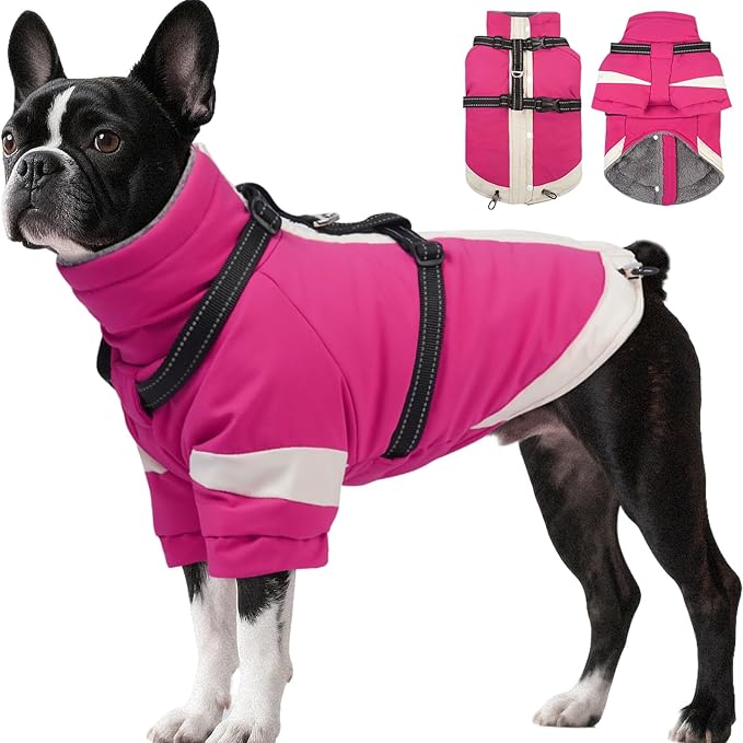 Dog Winter Coat with Adjustable Reflective Harness Built in -M | Turtleneck Water-Repellent Coats with Sleeves for Small Dogs Boy,Cold Weather Coats,Warm Jacket for Schnauzer (Rosered)