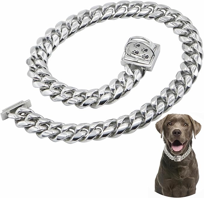 Dog Chain Collar Silver Cuban Link Chain Collar with Secure Buckle Design,15MM Stainless Steel Metal Walking Training Collars, Chew Proof, Suitable for Small Medium Large Dogs (Silver,14'')