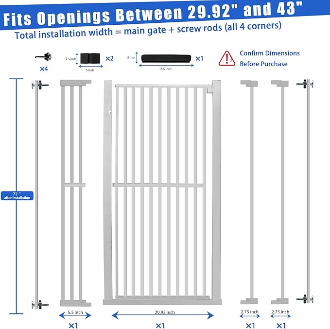 71 Inch Extra Tall Pet Gate for Cats, 29.5-43" Adjustable Wide Dog Gates, Pressure Mounted Walk Through Tall Cat Gate for Doorways,Hallway,Stairs,House（White）